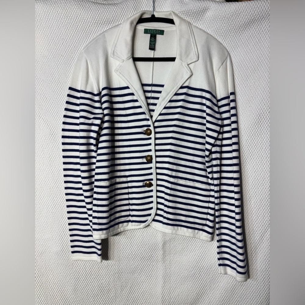 Lauren Ralph Lauren Sz L White Navy Striped Blazer Jacket Nautical Gold Buttons